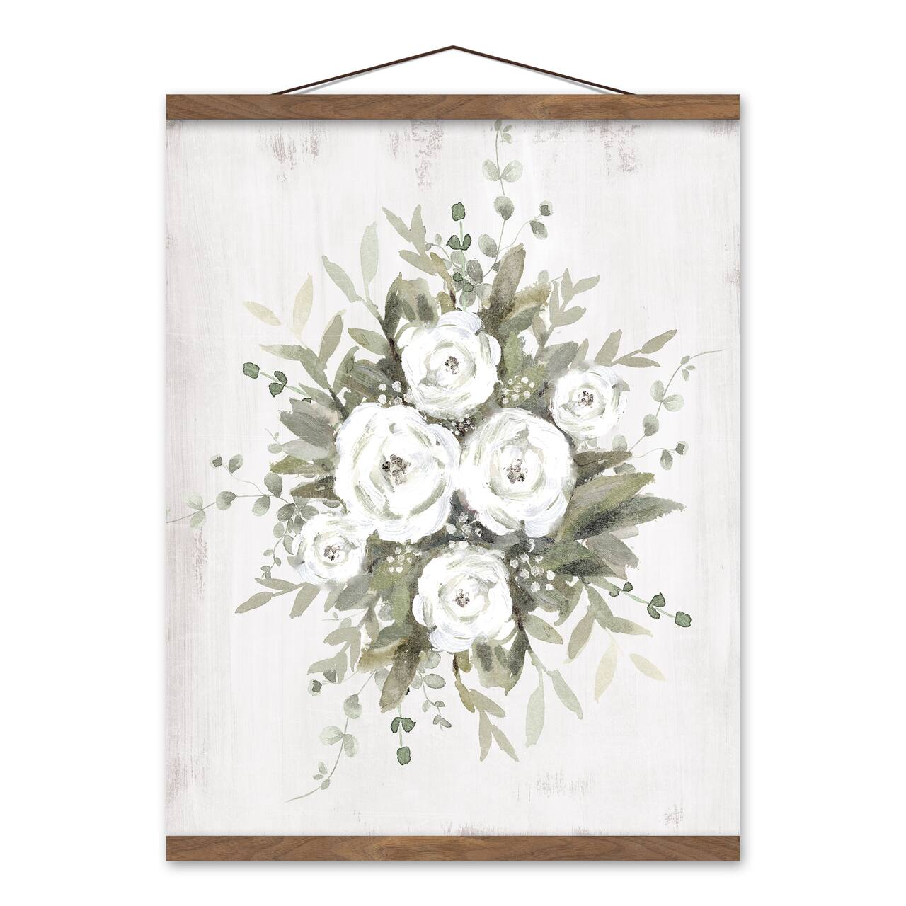 Sage And White Florals 16" x 20" Teak Hanging Canvas